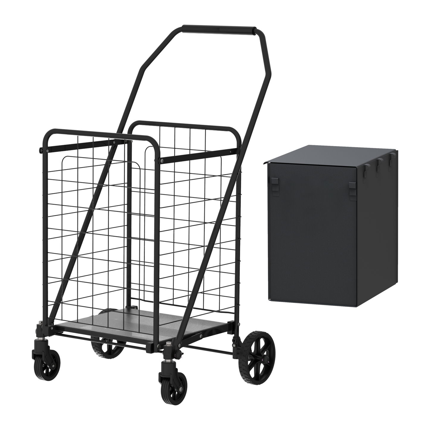 Shopping Cart with Shelf,Grocery Cart on Wheels, Foldable Utility Shopping Carts with Double Basket and 360° Rolling Swivel Wheels for Groceries Laundry