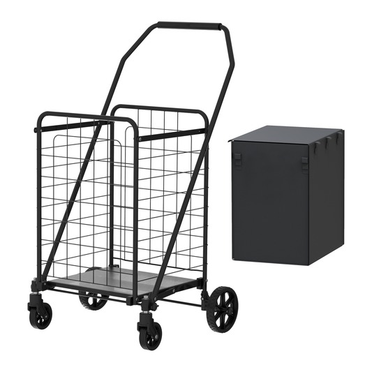 Shopping Cart with Shelf,Grocery Cart on Wheels, Foldable Utility Shopping Carts with Double Basket and 360° Rolling Swivel Wheels for Groceries Laundry