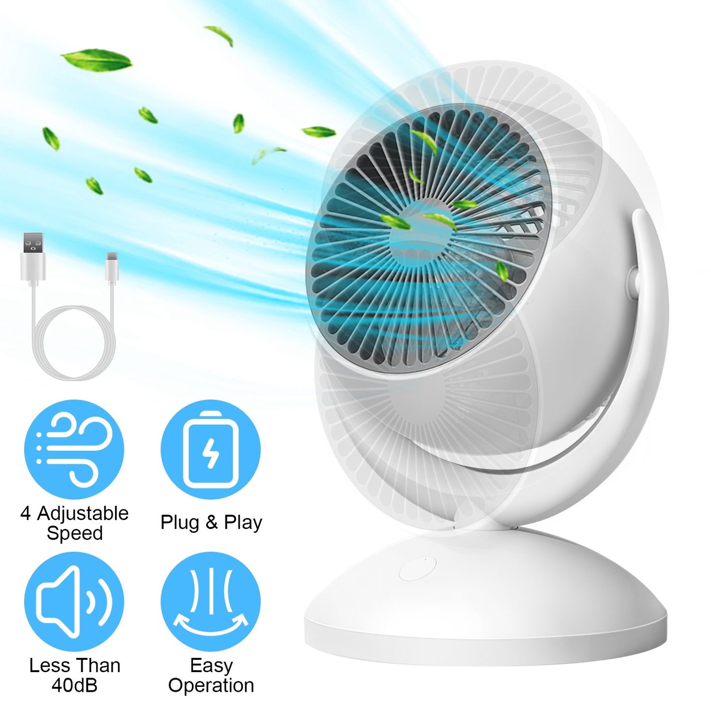 Air Circulator Desk Fan Portable Desktop Rechargeable Oscillating Fan with 4 Speeds 360 Degree Tilt Head Automatic Rotation Quiet 40dB Table Fan for Home Office Bedroom