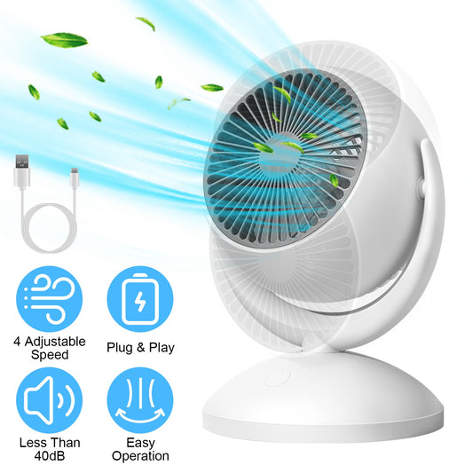 Air Circulator Desk Fan Portable Desktop Rechargeable Oscillating Fan with 4 Speeds 360 Degree Tilt Head Automatic Rotation Quiet 40dB Table Fan for Home Office Bedroom