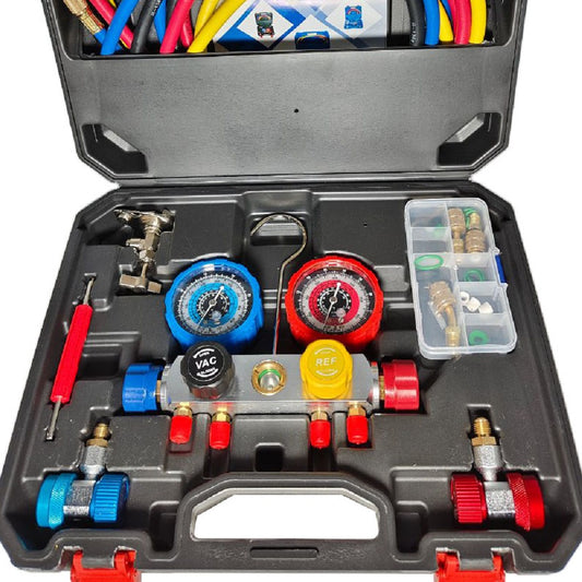 R410a 4-Way Manifold Gauge with Hose Set Professional HVAC Charge Test Recovery