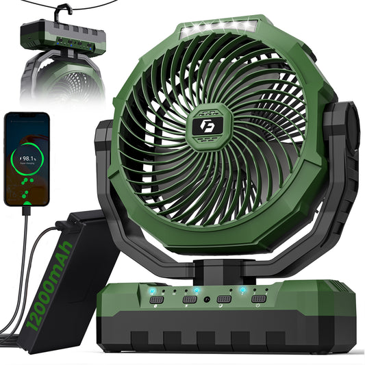 12000mAh Camping fan Rechargeable Battery Operated Fan 9inch 4 Speeds Usb Table fan Green