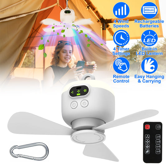 2 In 1 Portable Camping Fan with LED Lantern 8000mAh Battery Powered Tent Fan with Carabiner Digital Display 4 Speeds 4 Timer Settings for Camping Canopy Tents RV