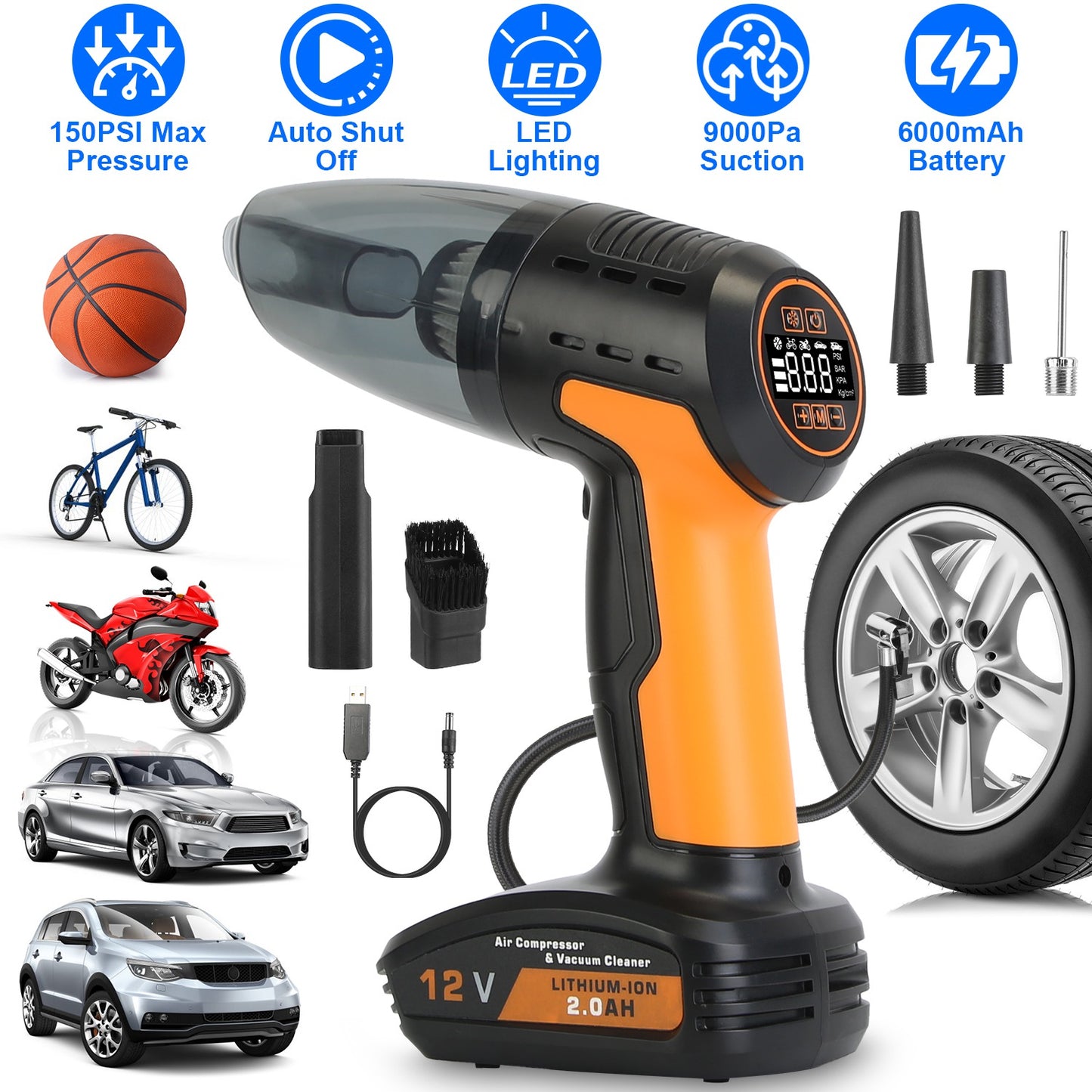 4-in-1 Cordless Car Vacuum & 150PSI Inflator: Rechargeable, Digital Display, LED Light, Tire Pressure Gauge
